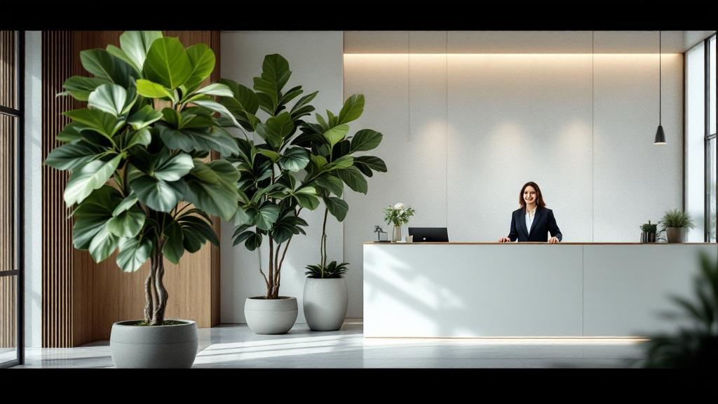 An elegant corporate lobby featuring a large, healthy fiddle-leaf fig tree, making a strong and positive first impression on a visiting client.