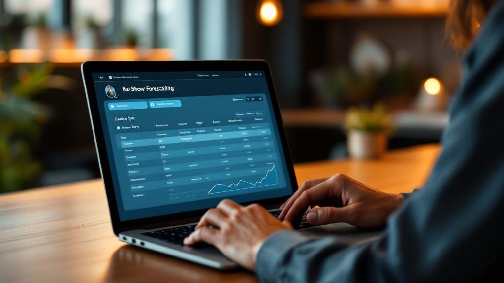 Small business owner viewing a laptop with a segmented table forecasting no-show rates by service type, time, and customer history.