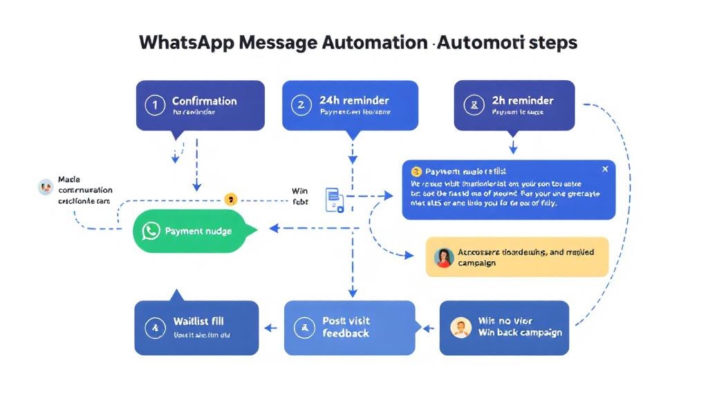 Flowchart showing automated WhatsApp messages for confirmations, reminders, payment nudges, waitlists, feedback collection, and win-back outreach.
