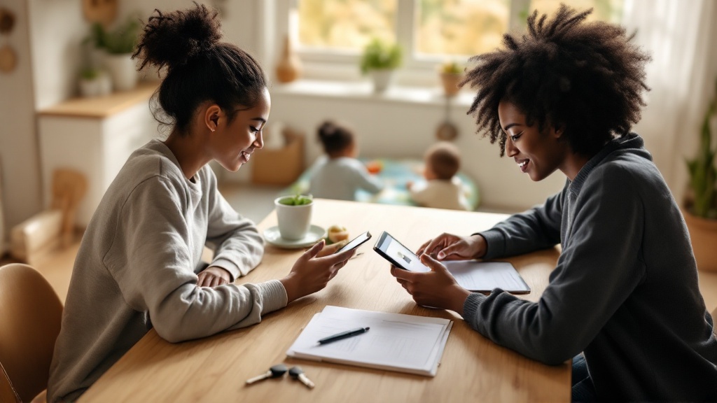 Two adults reviewing a monthly home records checklist with a laptop, phone, and calendar on a dining table.