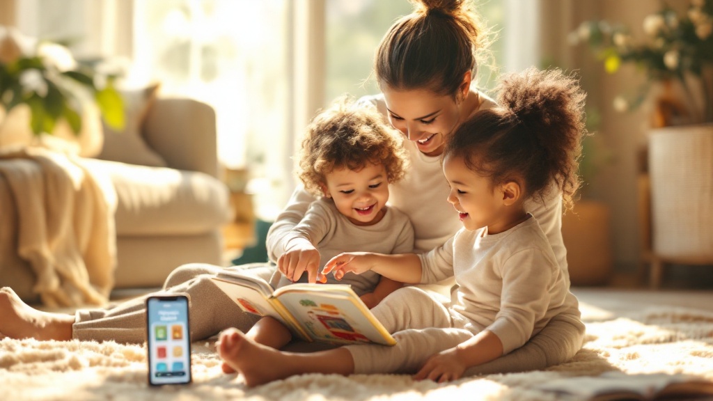 Parent and four-year-old sharing a picture book on a rug, with a smartphone showing a child-friendly library app beside them.