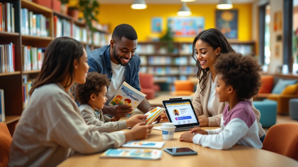 Parent and two children choosing books in a sunny children's library area while a librarian provides a program flyer; a tablet on a table shows a child profile with badges.