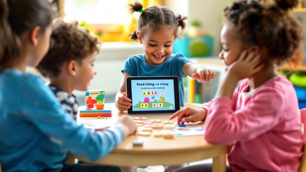 Seven-year-old matching letter tiles while following a highlighted read-along on a tablet, with a caregiver observing.