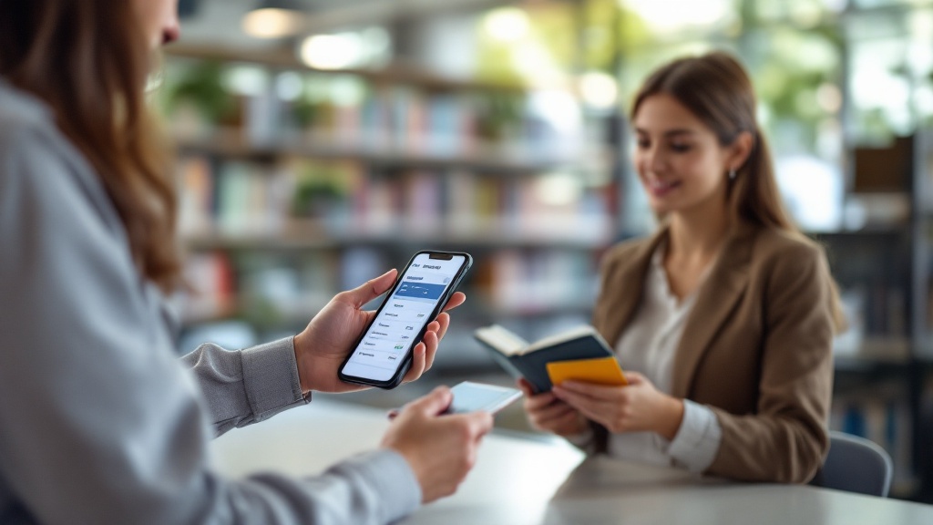 Librarian scanning a book barcode with a smartphone while a circulation screen is open on a tablet at the checkout desk.
