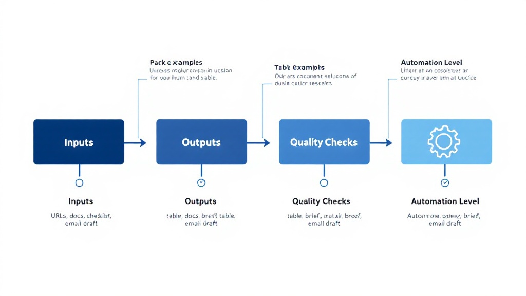 Flowchart showing four stages—Inputs, Outputs, Quality Checks, and Automation Level—with icons and example annotations for each stage.