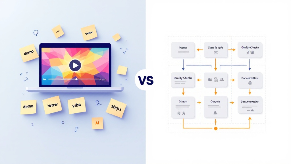 Illustration showing a messy AI demo concept on the left transforming into a structured workflow flowchart on the right with inputs, steps, quality checks, and outputs.