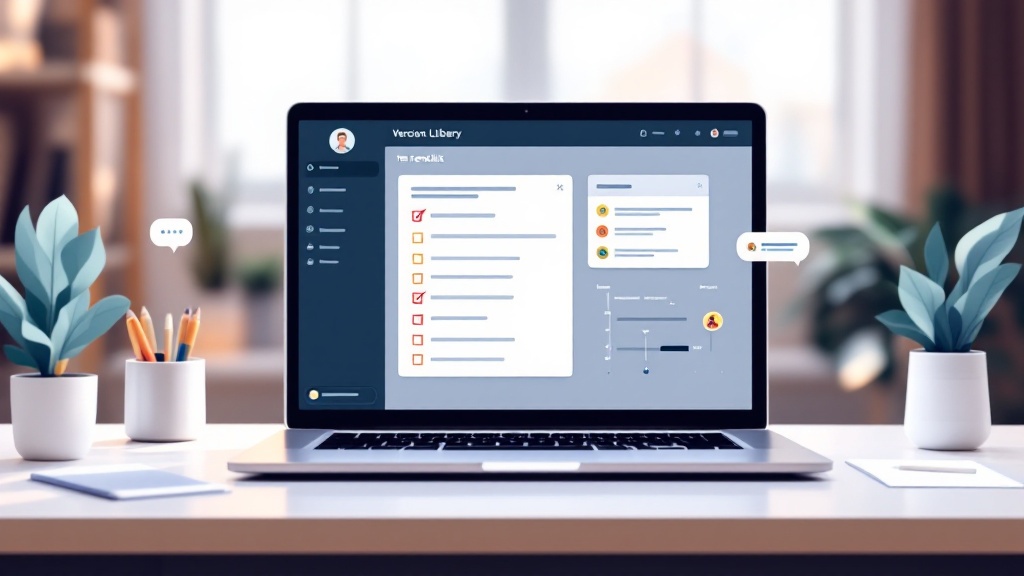Workspace illustration showing a checklist, templates, version history, and a subtle community chat element to represent continuous improvement of AI workflows.