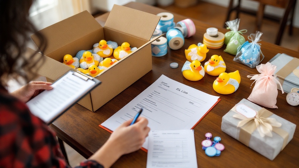 Table with a shipment of themed bath-toy ducks, favor bags, gift tags, and a clipboard checklist being used for a quality and count audit.