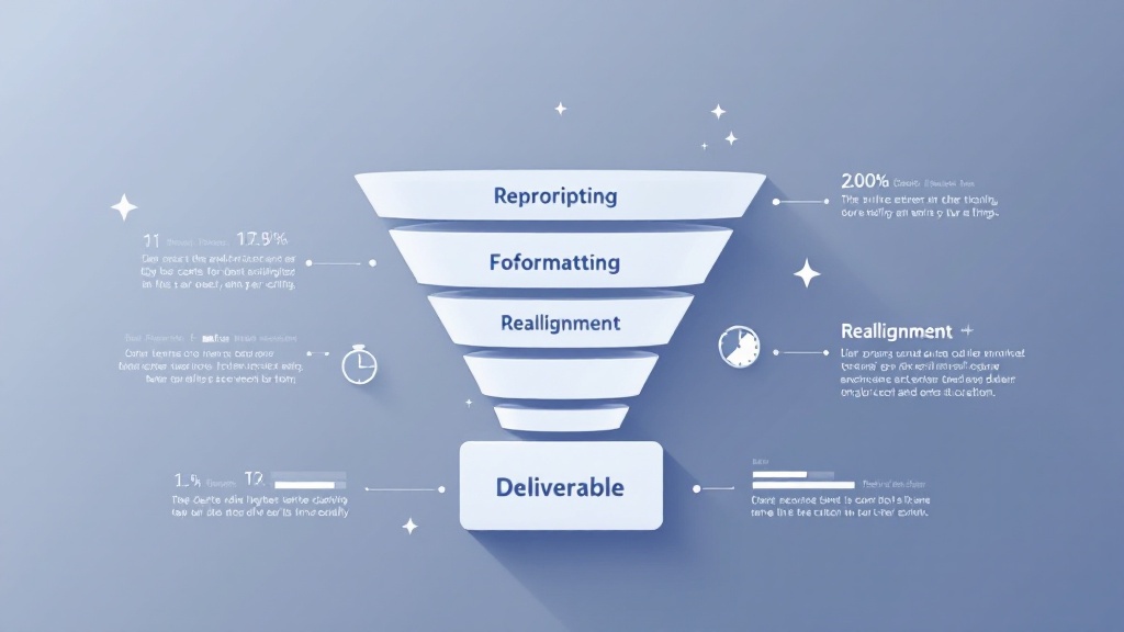Infographic funnel breaking AI drafting time into reprompting, reformatting, and realignment leading to a final deliverable.