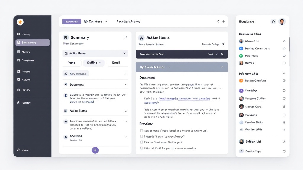 Productivity app interface with template buttons, a document input area, a structured draft preview, and a searchable history sidebar.