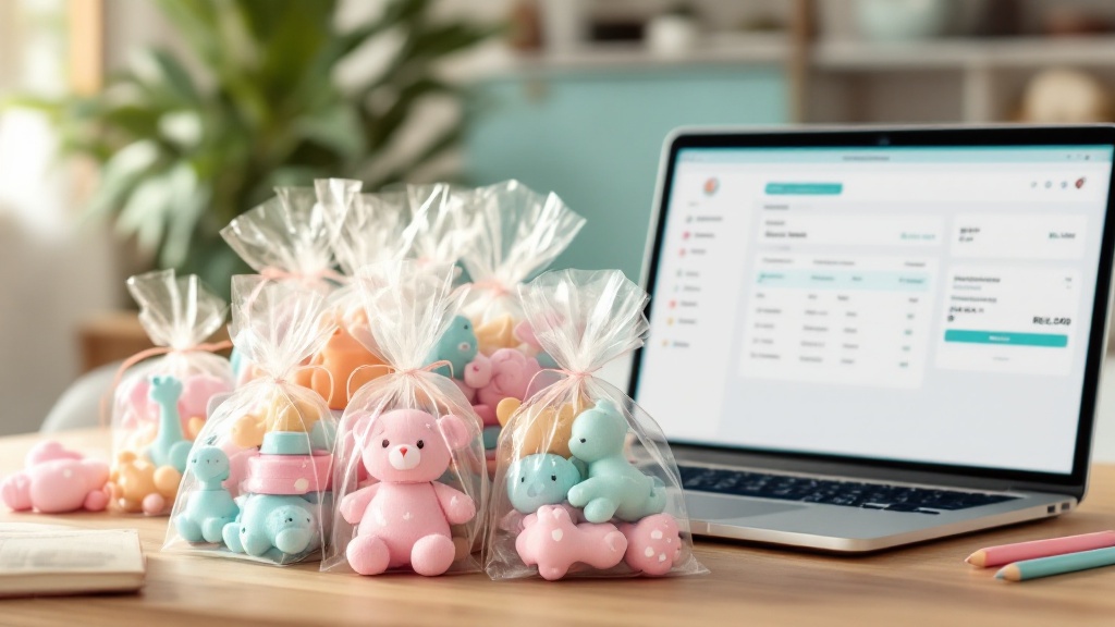 Neatly packaged themed party favor bags arranged on a table with a laptop showing an order tracking dashboard in the background.