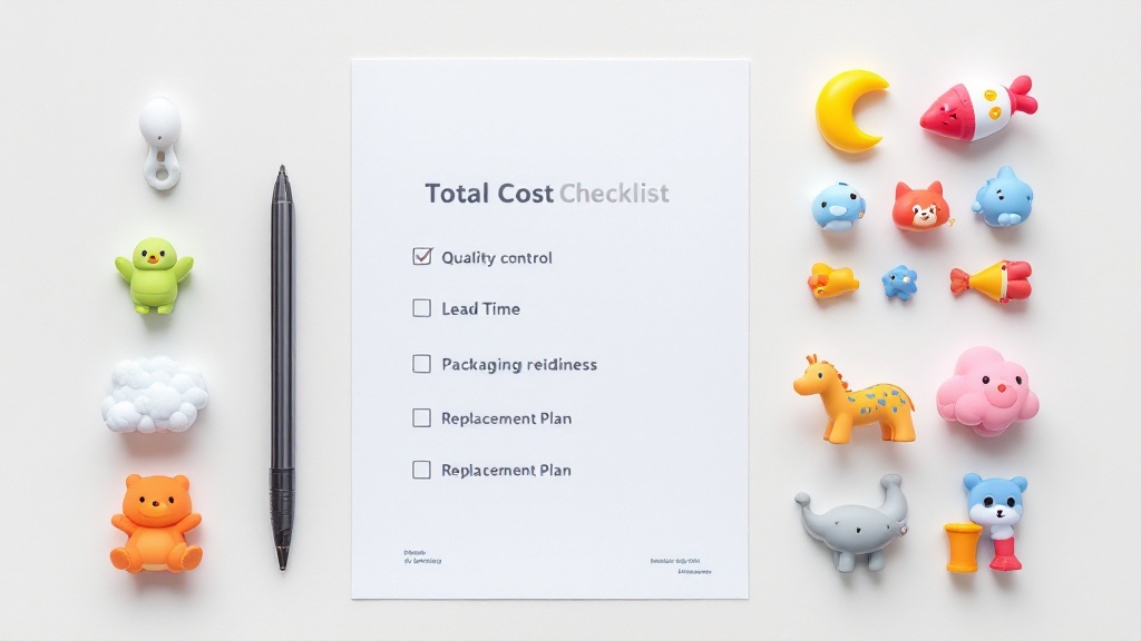 Top-down view of a total-cost checklist next to neatly grouped party favors and a shipping label, emphasizing quality, lead time, and packaging readiness.
