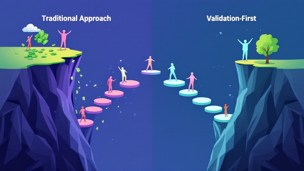 Infographic comparing traditional MVP approach leading to failure versus validation-first approach leading to success across a gap