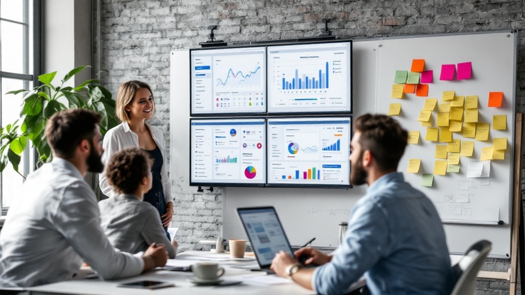 Product team collaborating around screens showing mobile app analytics, user feedback data, and validation workflow diagrams in a bright modern office