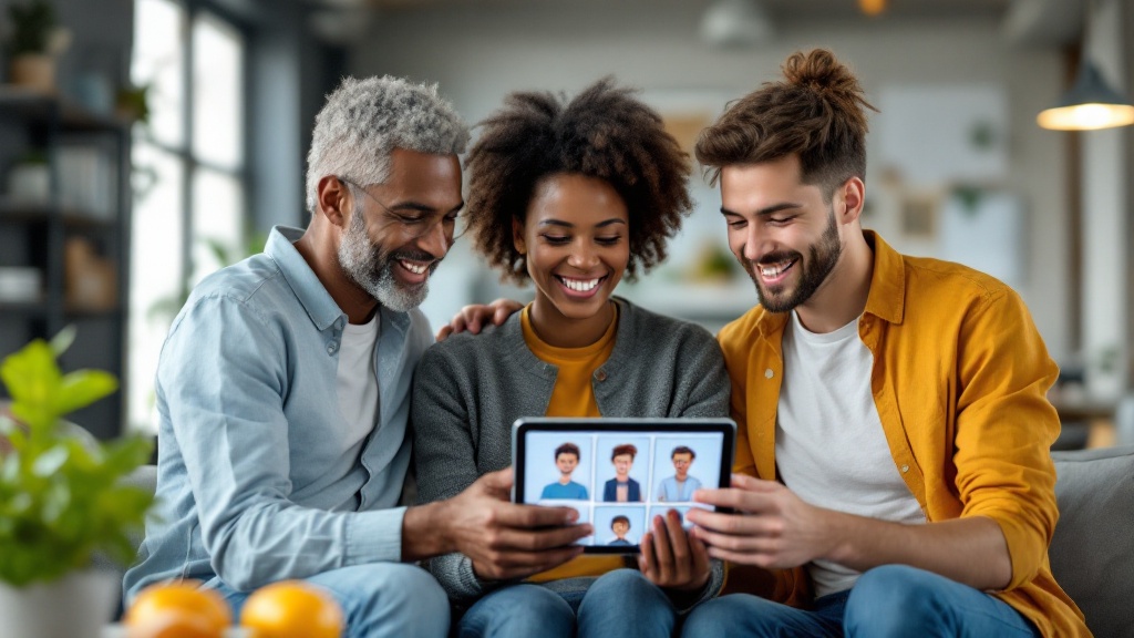A group of creators looking happily at a finished comic on a tablet, demonstrating the ease of modern comic creation tools.