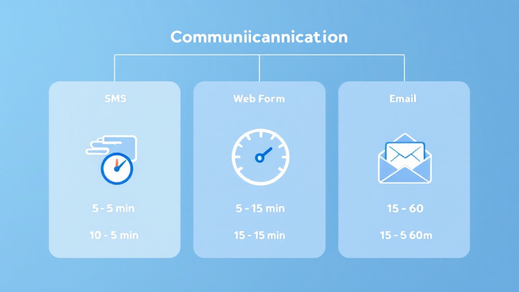 Infographic comparing response-time benchmarks for SMS, web forms, and email with suggested minute ranges.
