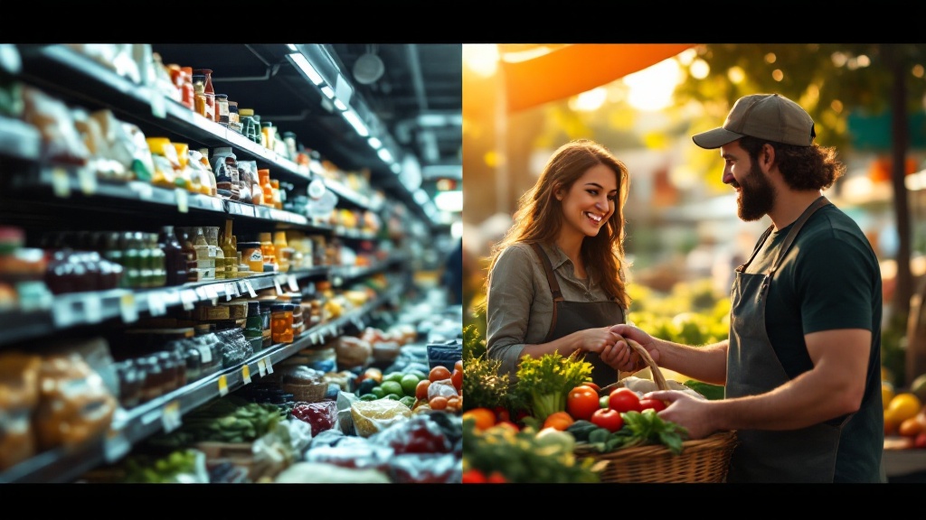 A split image showing the contrast between an impersonal supermarket aisle and a personal interaction at a farmers' market.