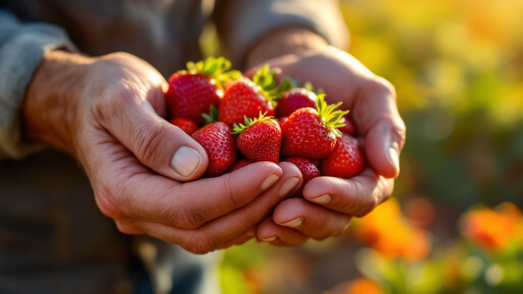 Close-up of a farmer's hands holding a handful of freshly picked, ripe strawberries in a sunlit field.