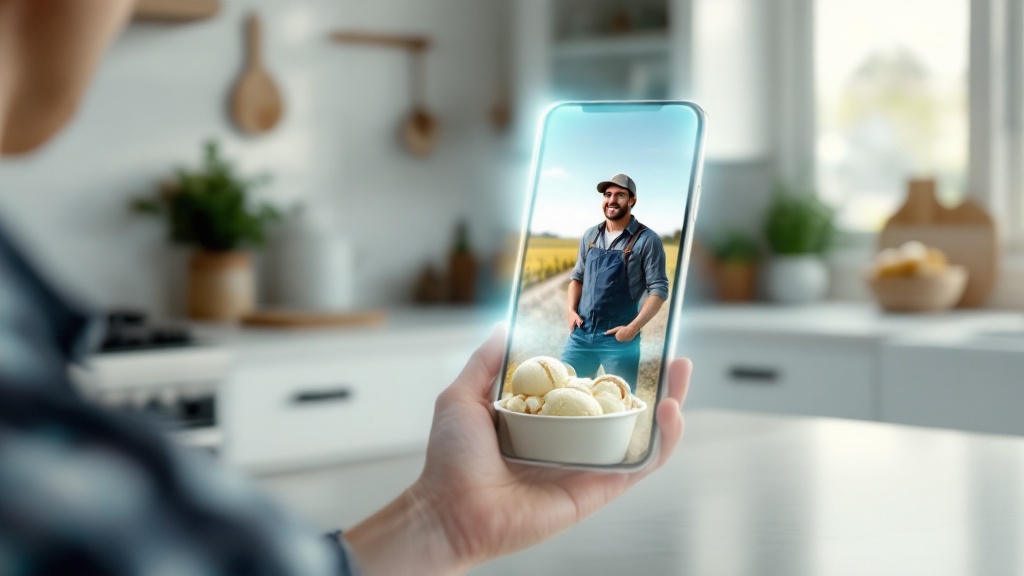 A person using a smartphone to scan an ice cream carton, which activates an augmented reality video of a farmer in a field.