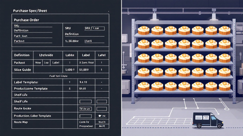 Spec sheet showing SKU, packout, cut guide, shelf-life, and label template next to uniform cakes staged for refrigerated delivery.