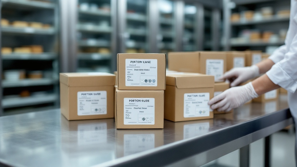 Staging table with boxed cakes being labeled with standardized lot, allergen, and best-by information before refrigerated delivery.