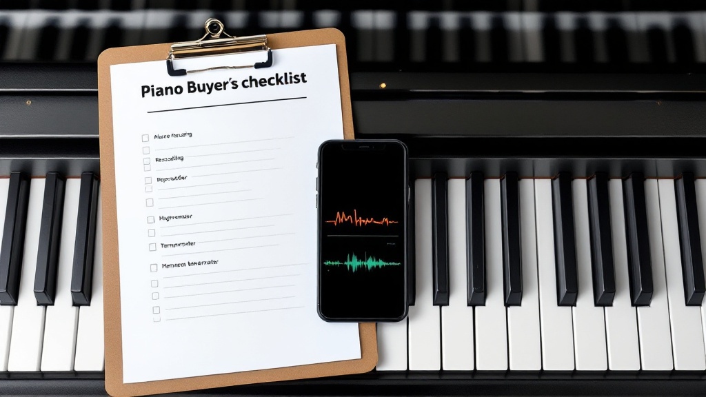 Checklist, phone audio recording, and hygrometer tools used to document and compare acoustic pianos during purchase due diligence.