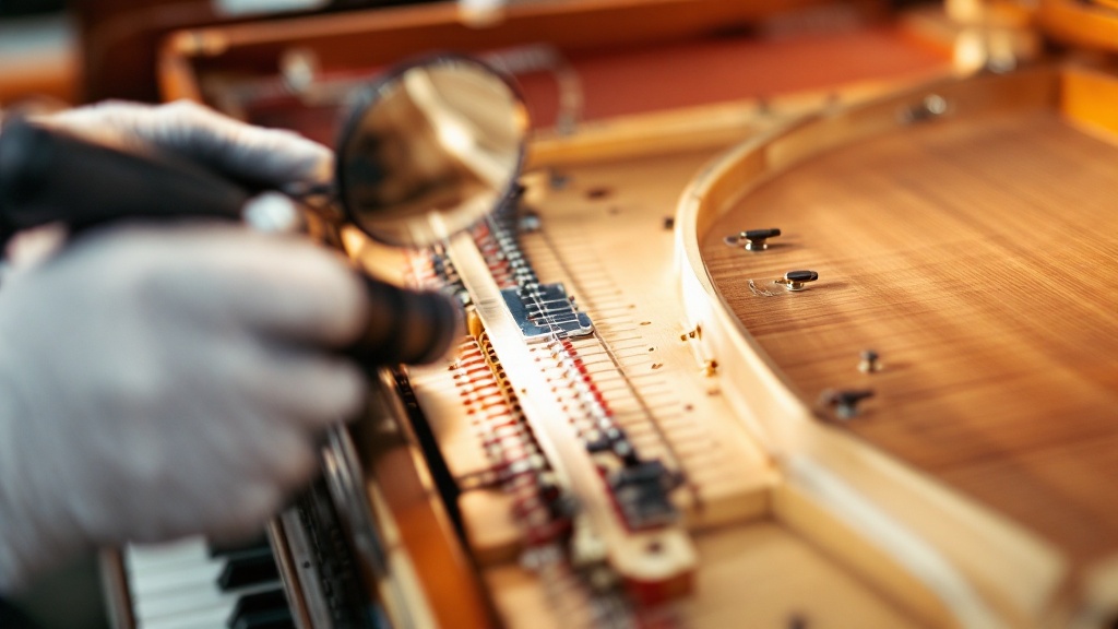 Technician inspecting a piano’s soundboard, bridges, and tuning pins with a flashlight and mirror.