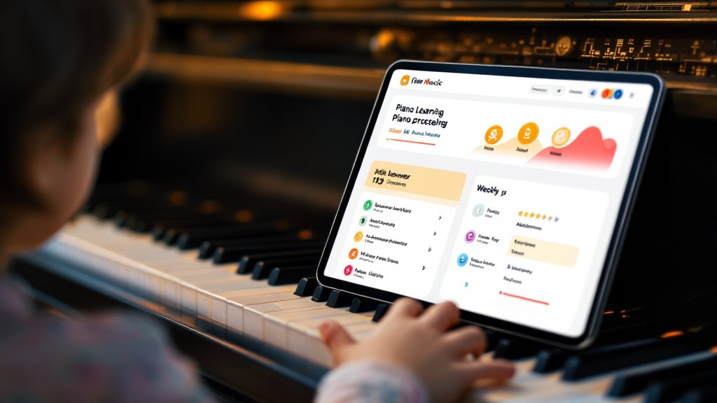 Tablet displaying a piano progress dashboard on a piano while a child plays, highlighting milestones and weekly assignments.