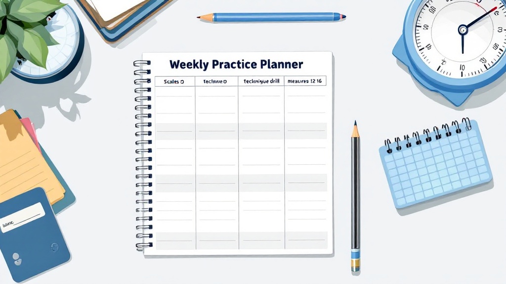 A weekly piano practice checklist with checkboxes beside a metronome and pencil on a tidy desk.
