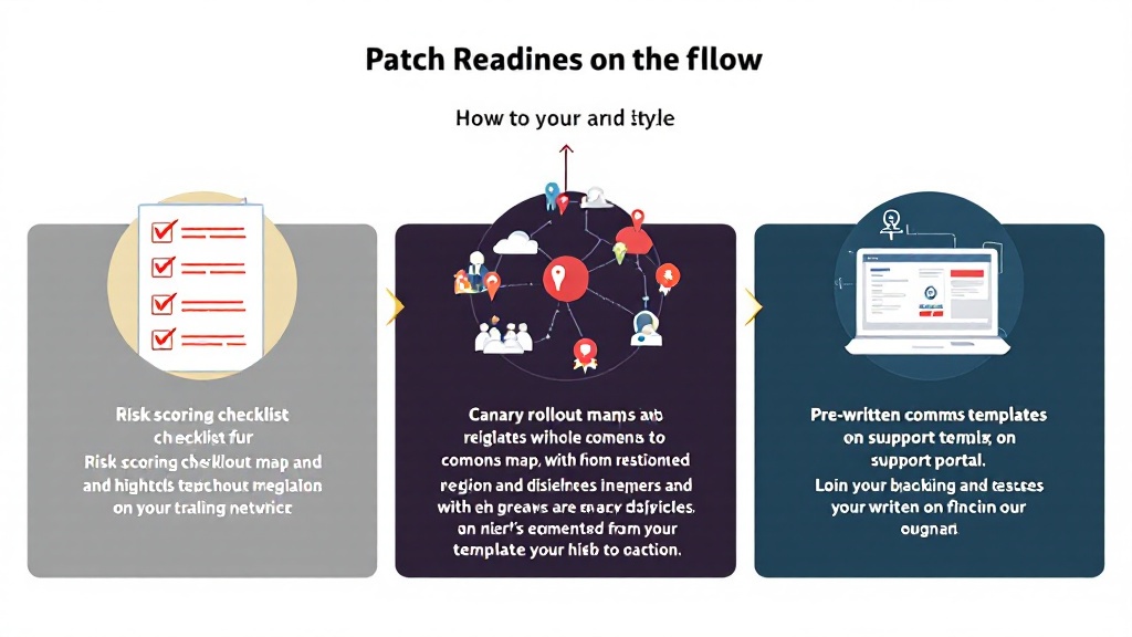 Diagram of patch readiness steps: risk scoring, canary rollout, and prepared player communication templates.