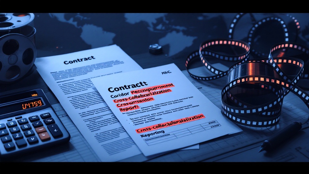 Contracts and financial tools showing highlighted recoupment and reporting terms, with subtle international map elements in the background.
