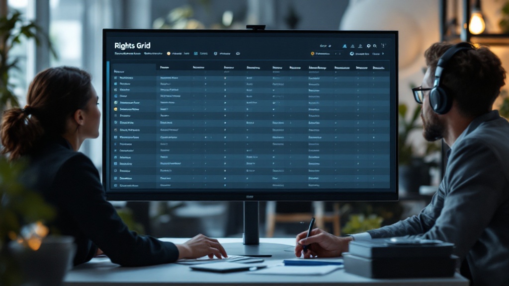 Team reviewing a dashboard with territory and window rights, delivery status, and royalty reporting fields in a modern studio office.