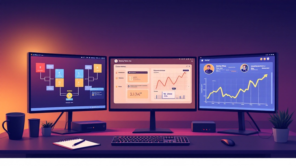 Gaming workstation with three monitors displaying tournament brackets, replay analysis tools, and performance tracking graphs representing systematic esports training