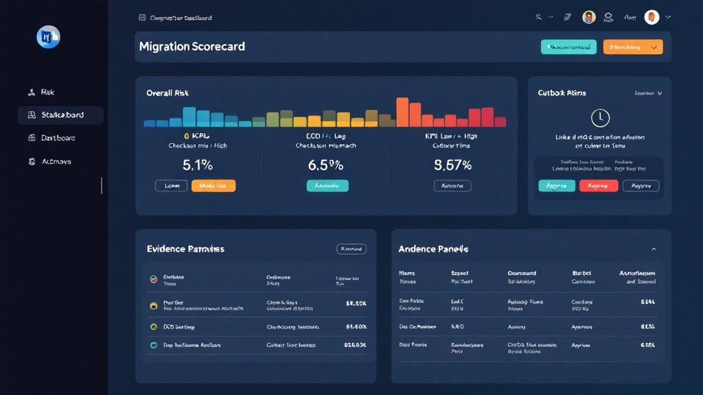 Dashboard displaying migration scorecard, KPIs like checksum mismatch and CDC lag, and runbook action buttons.