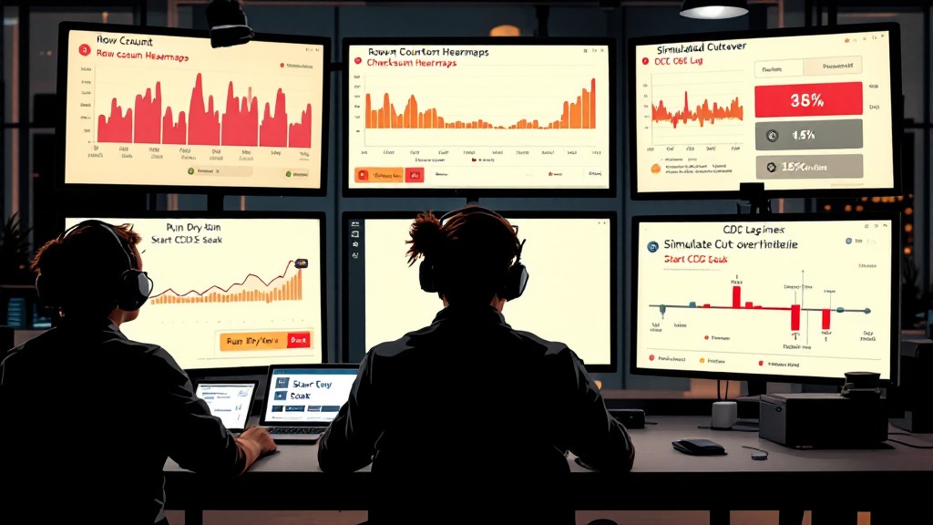 Control room with multiple monitors showing test dashboards for row counts, checksums, CDC lag, and cutover simulation.