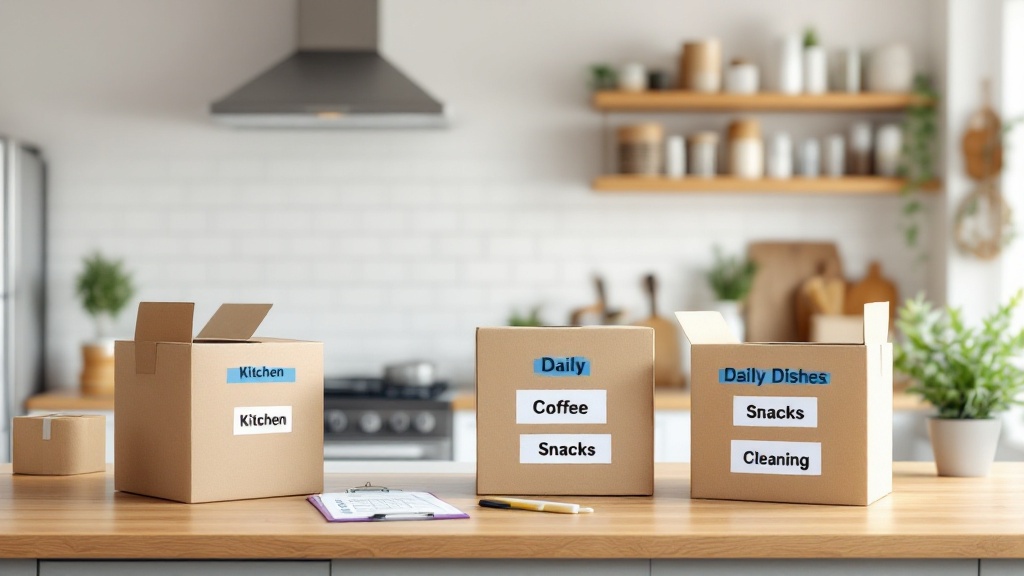 A new-home kitchen with moving boxes and clearly labeled organization zones for coffee, daily dishes, snacks, and cleaning supplies.