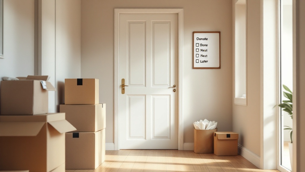 A tidy new-home entry area with flattened moving boxes, a labeled donation box, packing waste collected, and a checklist board showing done and next tasks.