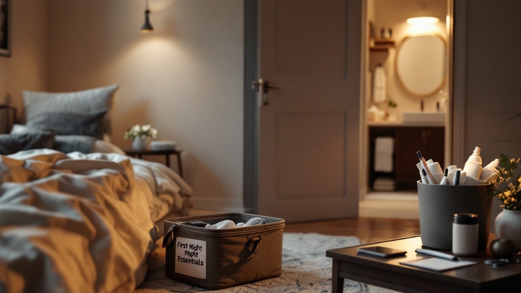 A made bed and organized bathroom essentials in a new home, with a first-night bin and a small command station for keys, chargers, and a checklist.