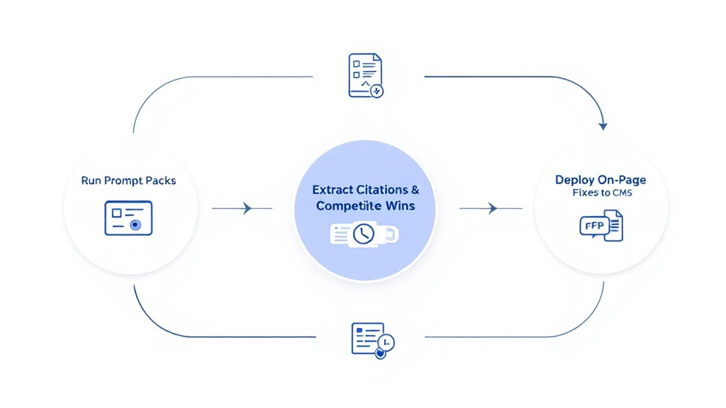 Diagram showing a loop from running prompt packs to extracting citations to deploying on-page fixes and reporting results.