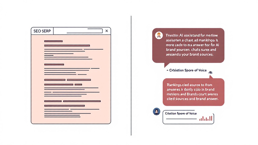 Split-screen illustration comparing search rankings with an AI chat answer that includes citations and a citation share-of-voice chart.