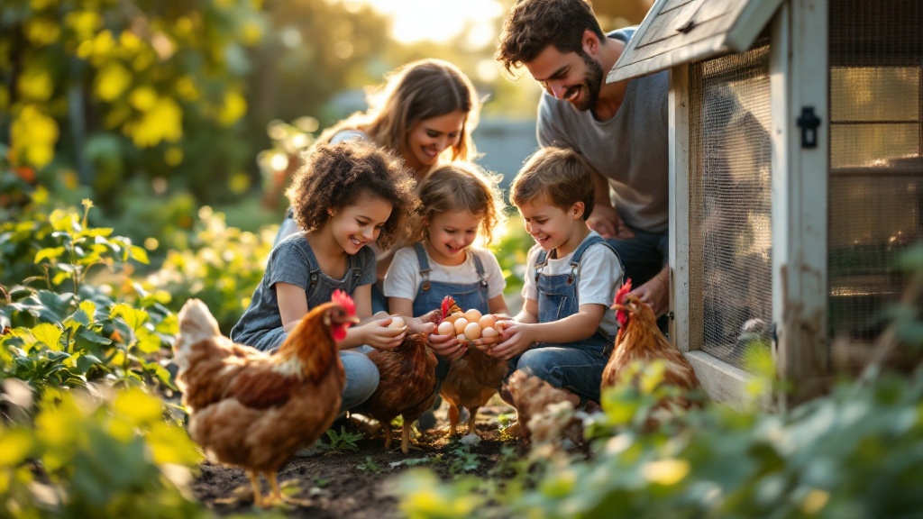 Suburban family with children gathering fresh eggs from backyard chickens near a portable coop with garden vegetables in the background
