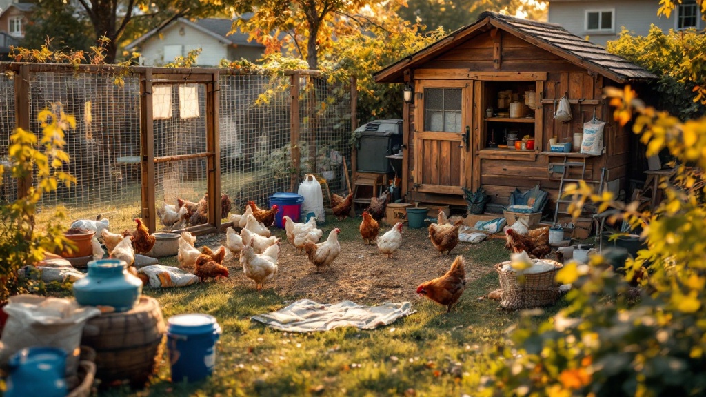 Backyard chicken coop with surrounding equipment including feeders, water containers, feed bags, and maintenance supplies in a suburban yard