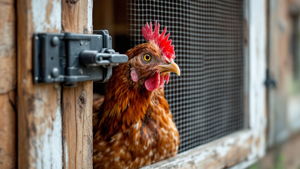 Secure chicken coop entrance featuring reinforced hardware cloth mesh and heavy-duty predator-proof latch with a brown hen visible inside
