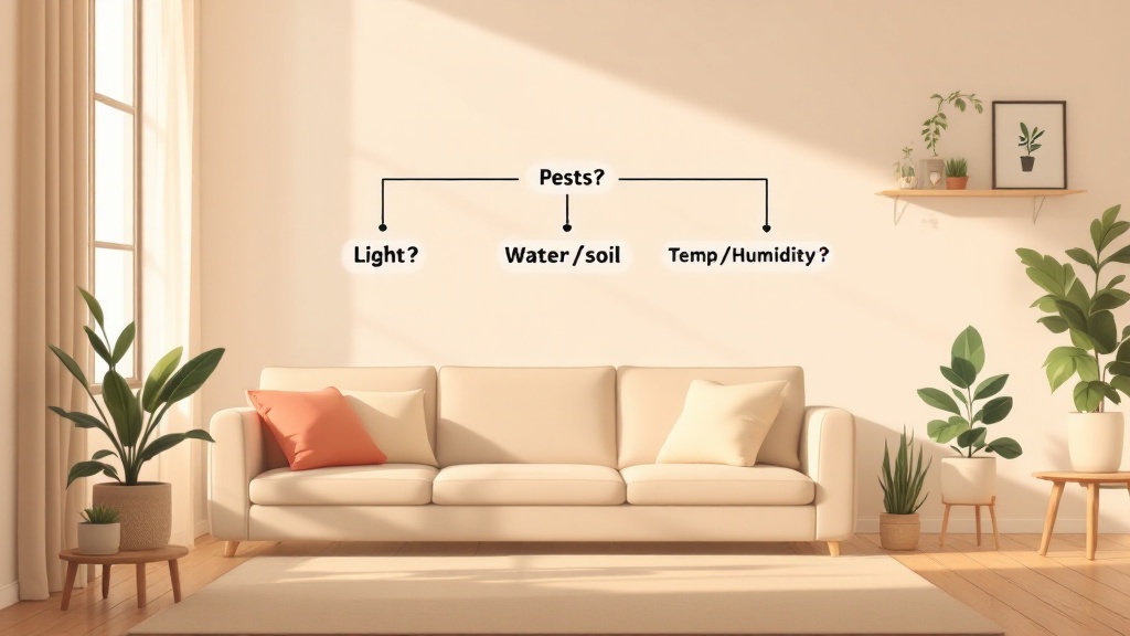 Infographic decision tree for diagnosing houseplant problems, with branches for pests, light, water/soil, roots/pot, and temperature/humidity.