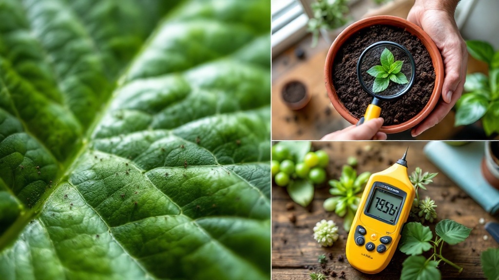 Close-ups showing pest inspection under leaves, compacted versus airy soil, and a light meter near a window.