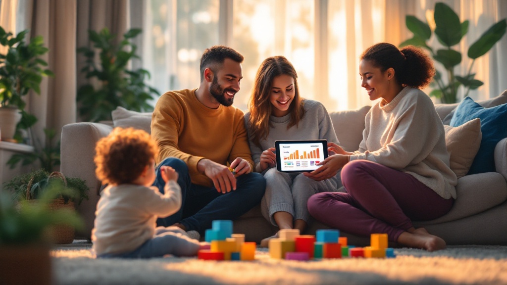 Two caregivers reviewing a weekly routine and behavior summary on a device while a toddler plays with blocks nearby.