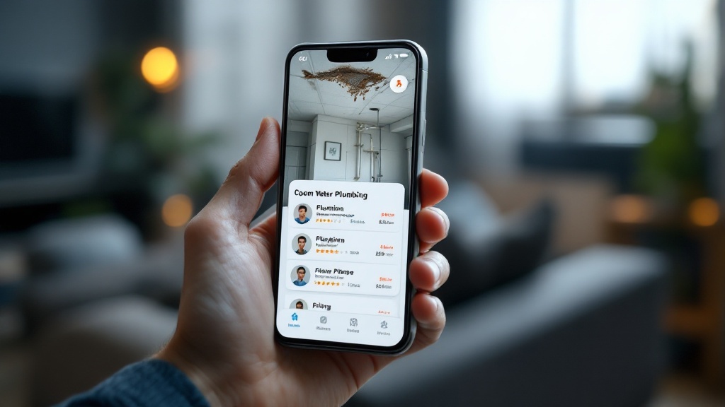 Smartphone displaying plumbing service app with water damage photo and available plumber profiles with ratings and prices