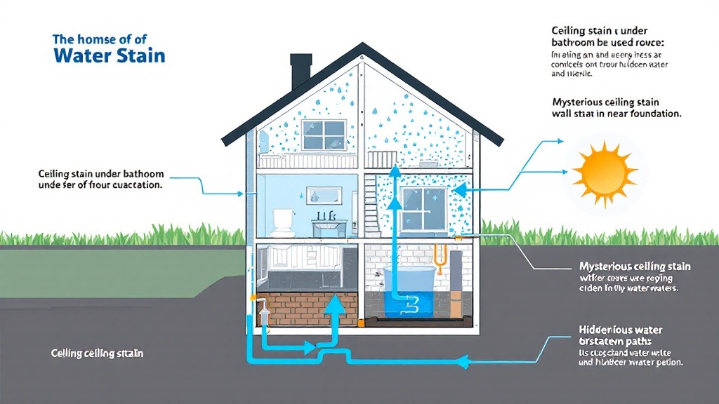 Cross-section diagram of house showing three types of water stain locations and their underlying causes