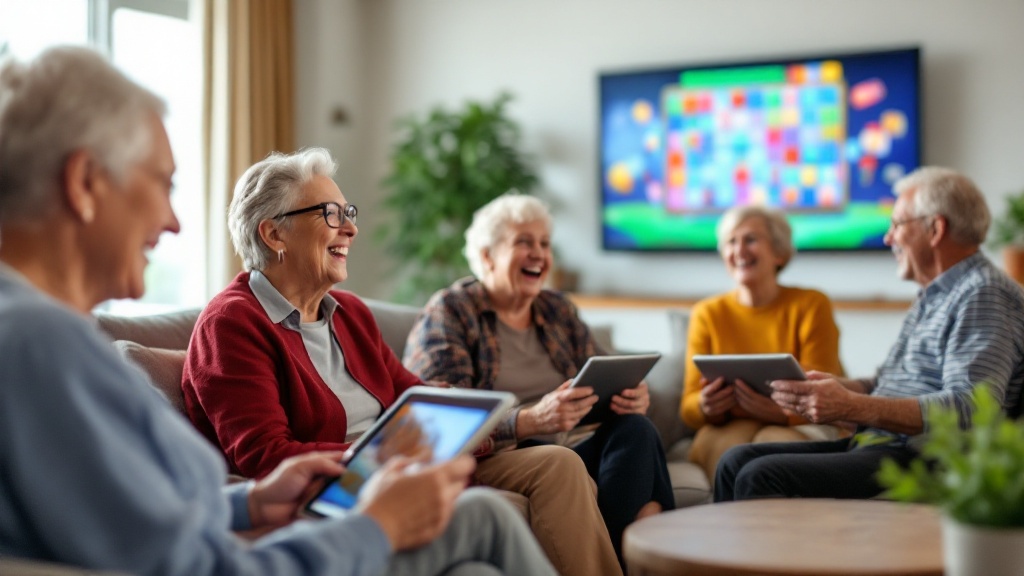 A diverse group of happy seniors uses tablets to play a game together in a community room.