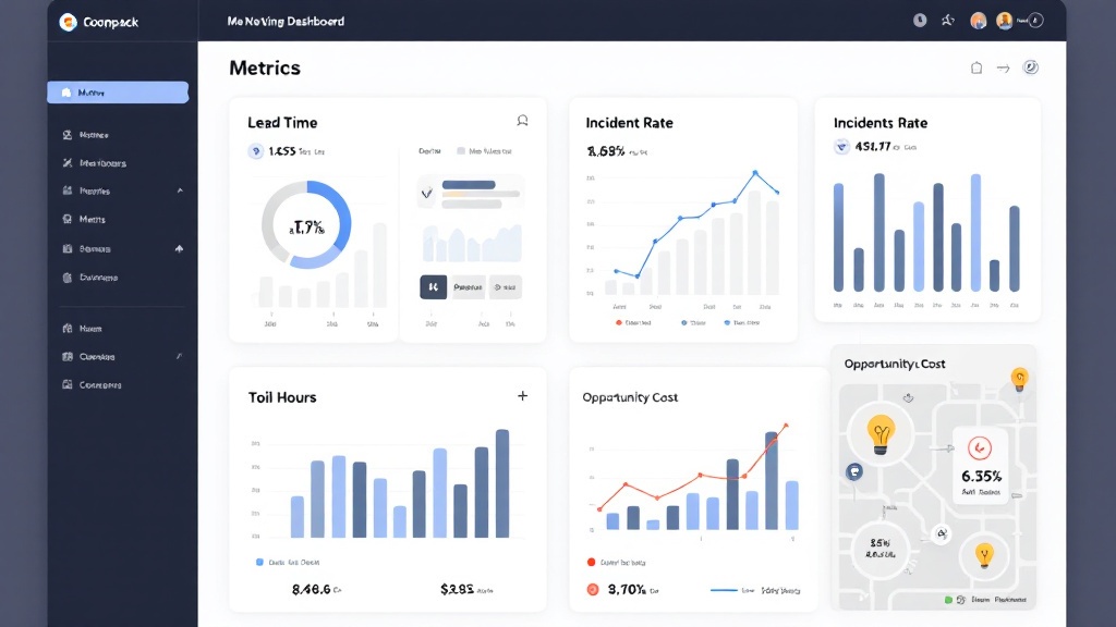 Dashboard-style graphic displaying lead time, toil hours, incident rate, and opportunity cost as deployment friction metrics.